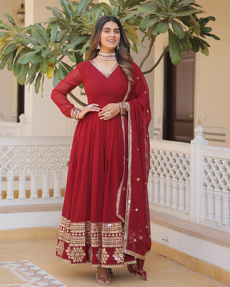 Exclusive Maroon Color Attractive Sequence Embroidery work Gown