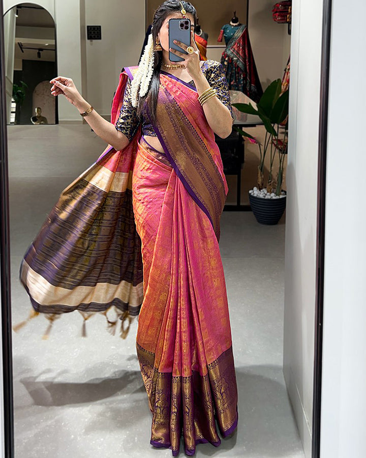 Designer Pink Color Kanjivaram Saree With Zari Work