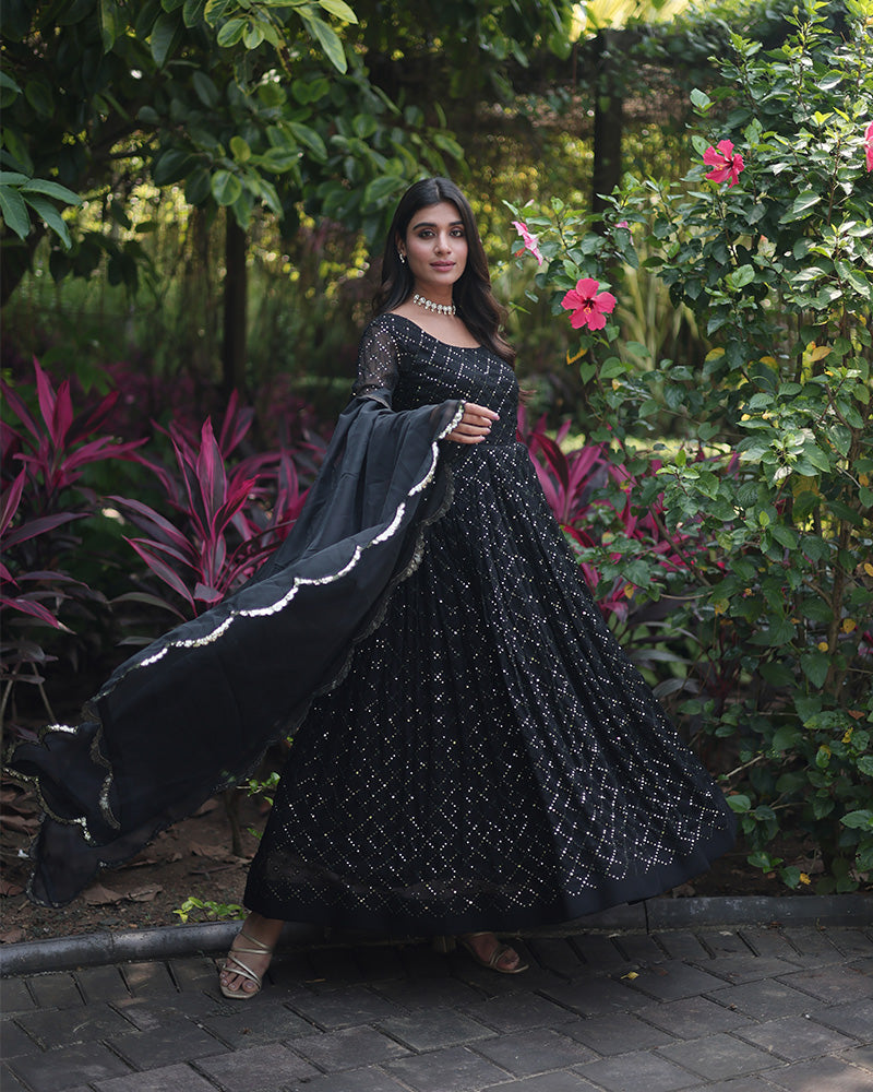 Black Color Designer Anarkali Gown With Dupatta