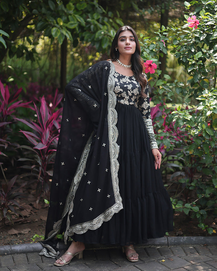 Black Color Anarkali Gown With Faux Blooming Dupatta