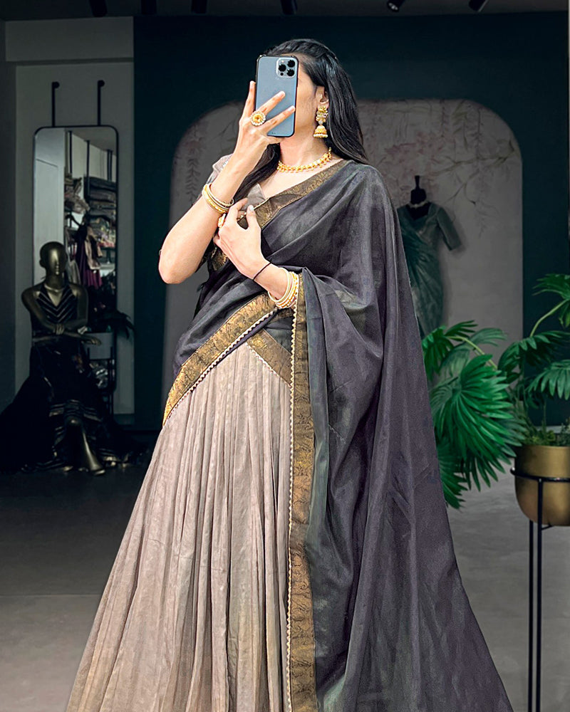 Chikoo Color Poly Cotton Zari Weaving Half Saree