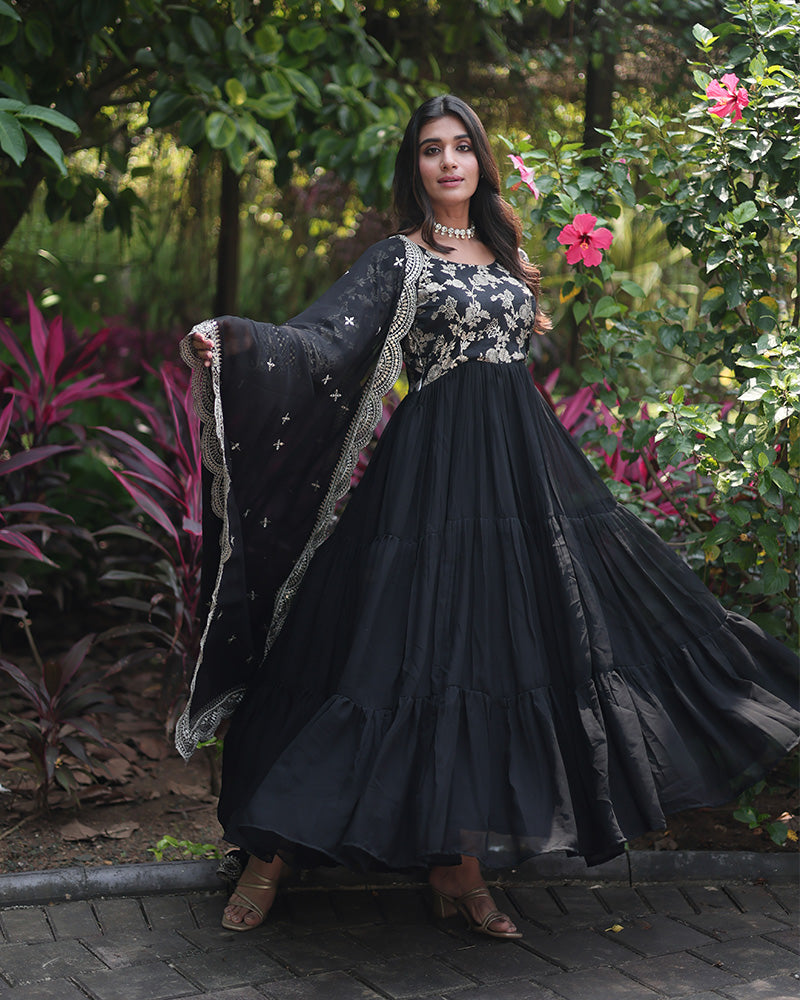 Black Color Anarkali Gown With Faux Blooming Dupatta