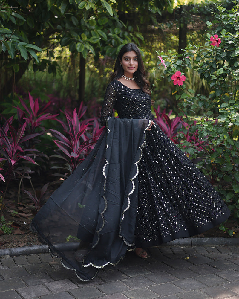 Black Color Designer Anarkali Gown With Dupatta