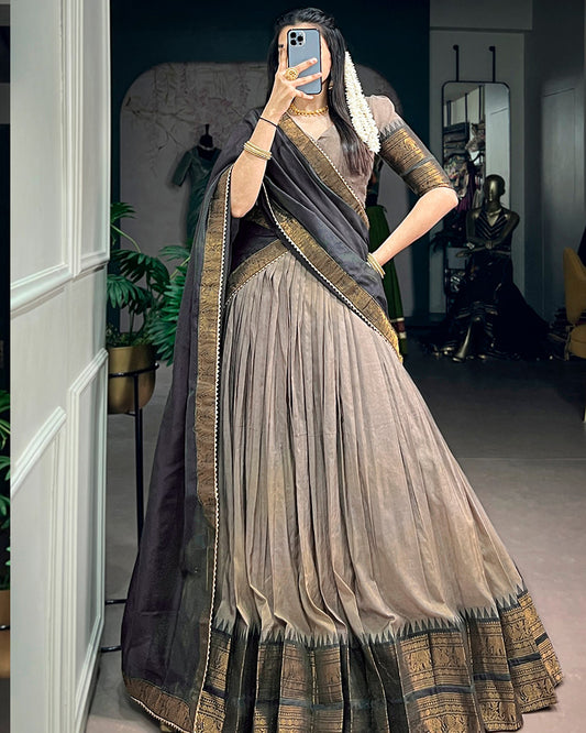 Chikoo Color Poly Cotton Zari Weaving Half Saree