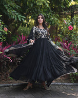 Black Color Anarkali Gown With Faux Blooming Dupatta