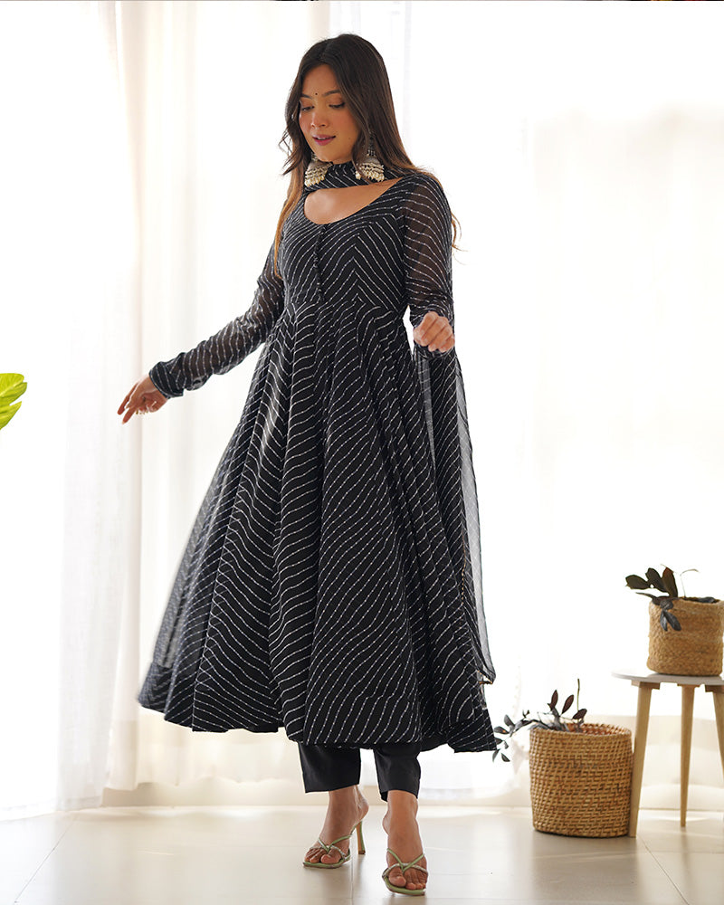 Black Color Laheriya Print Georgette Three Piece Anarkali Suit