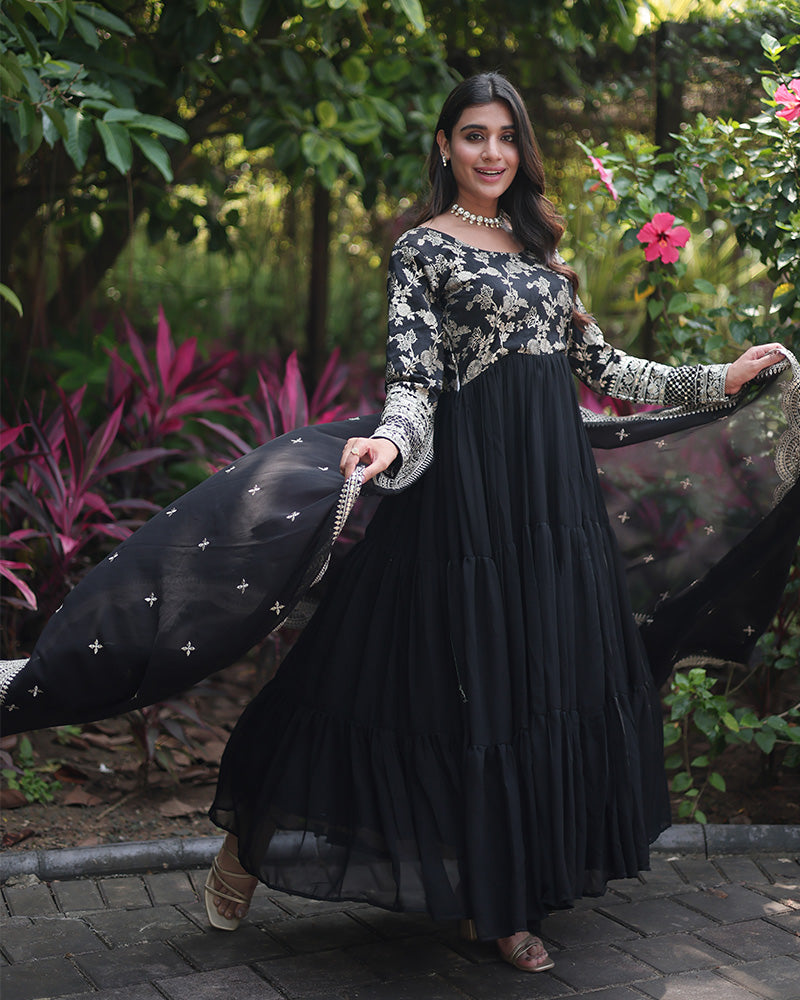 Black Color Anarkali Gown With Faux Blooming Dupatta
