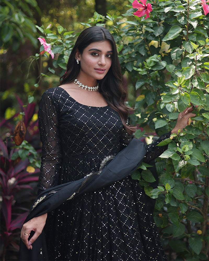 Black Color Designer Anarkali Gown With Dupatta