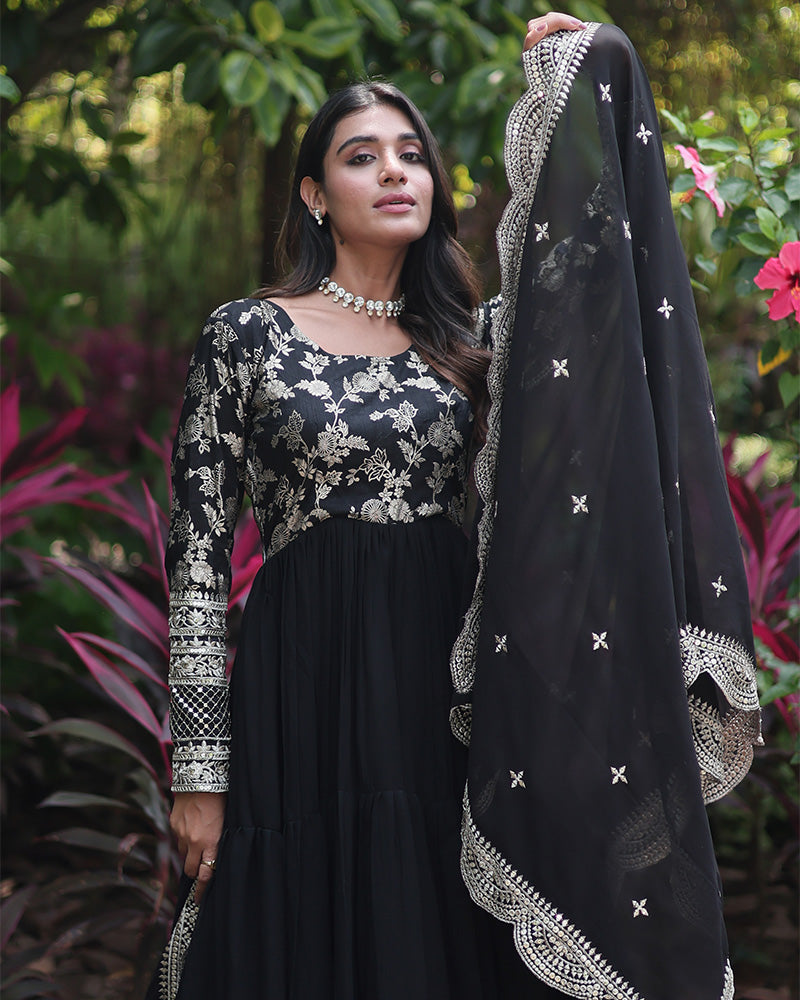 Black Color Anarkali Gown With Faux Blooming Dupatta