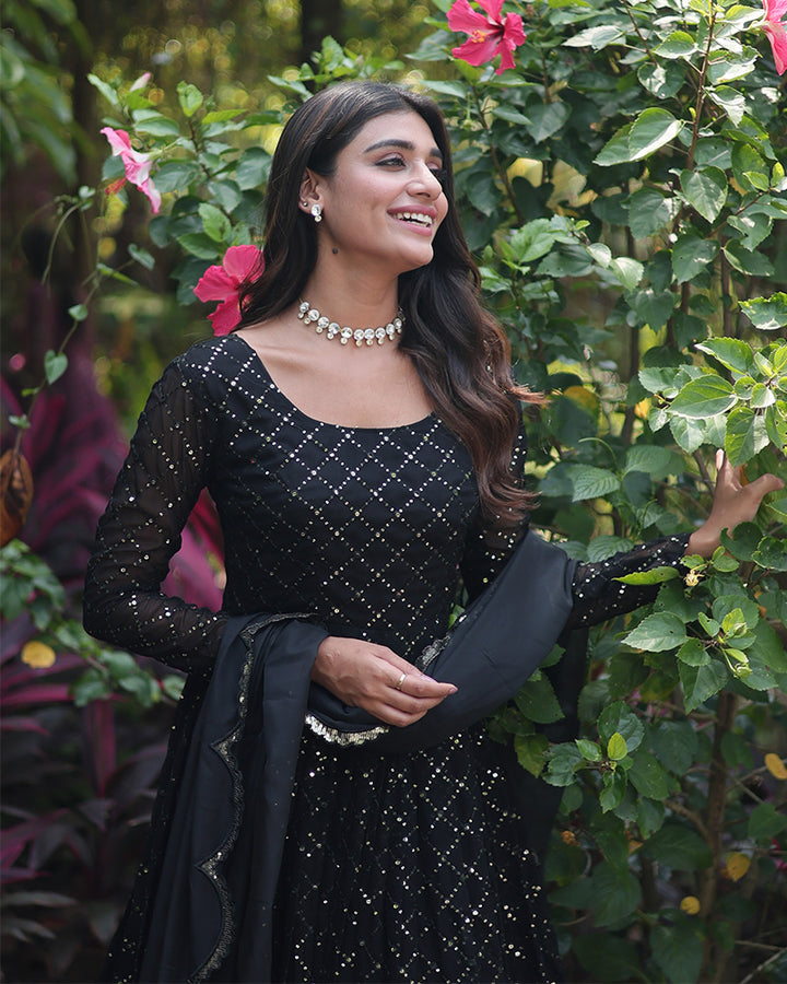 Black Color Designer Anarkali Gown With Dupatta
