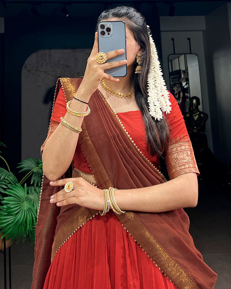 Orange Color Poly Cotton Zari Weaving Half Saree