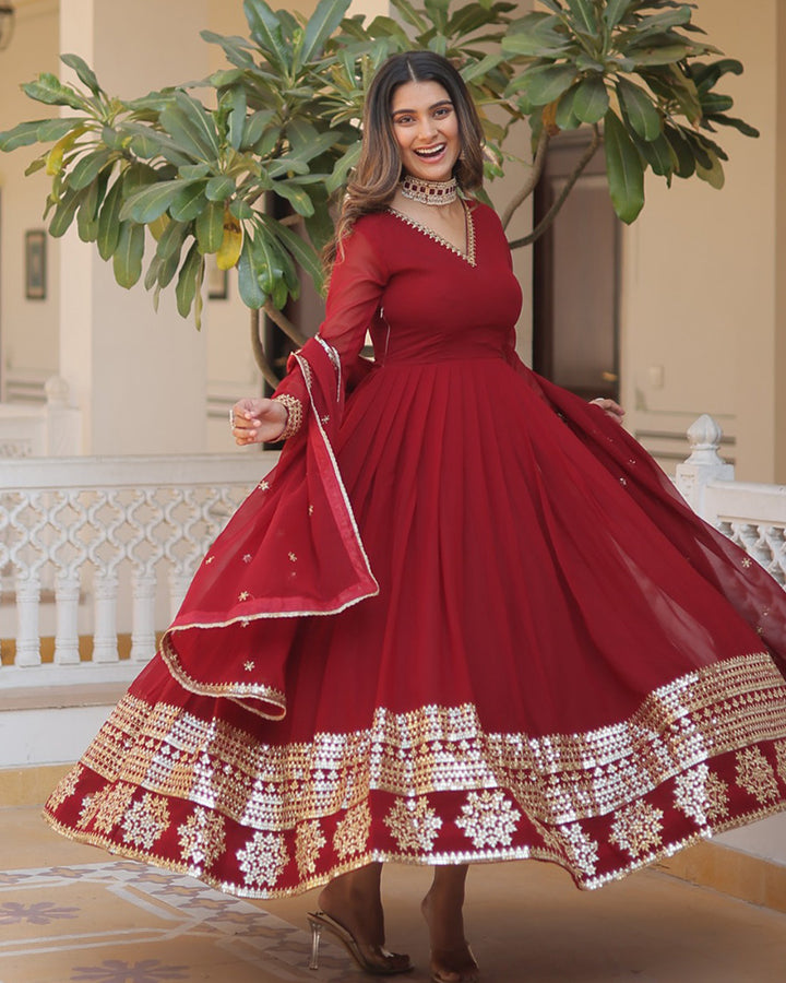Exclusive Maroon Color Attractive Sequence Embroidery work Gown