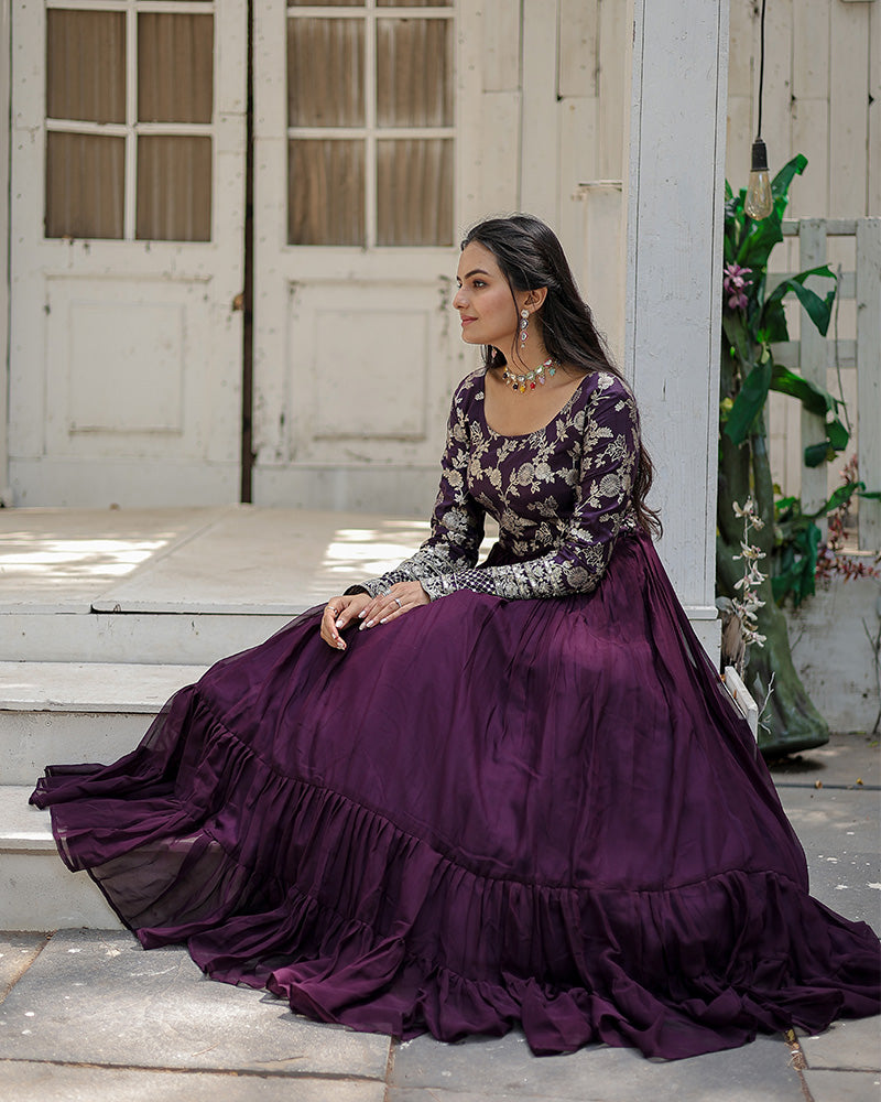 Wine Color Jacquard Designer Anarkali Gown