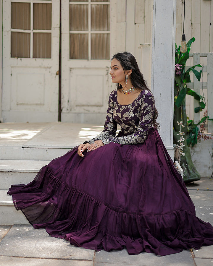 Wine Color Jacquard Designer Anarkali Gown