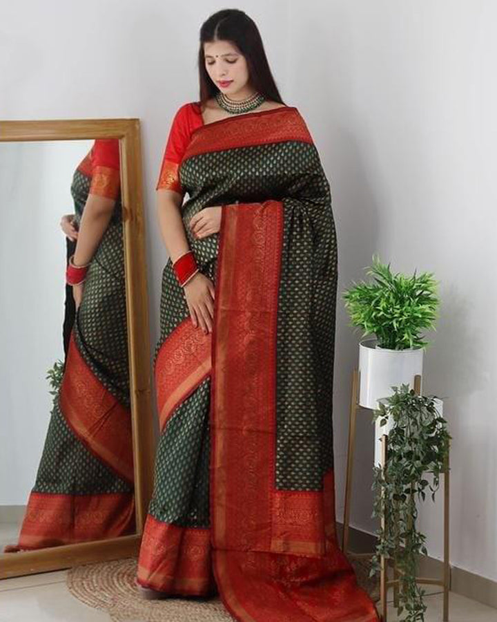 Red And Black Color Jacquard Print Banarasi Soft Silk Saree