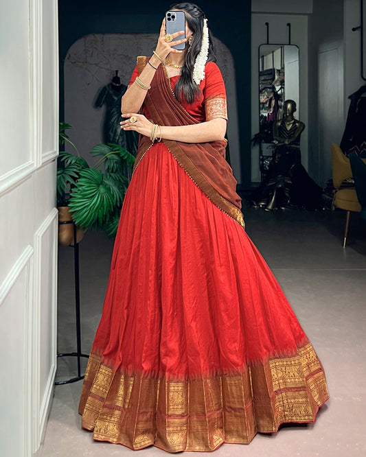 Orange Color Poly Cotton Zari Weaving Half Saree