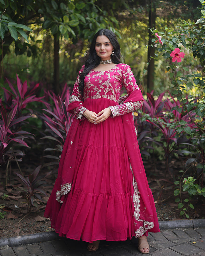 Pink Color  Anarkali Gown With Faux Blooming Dupatta
