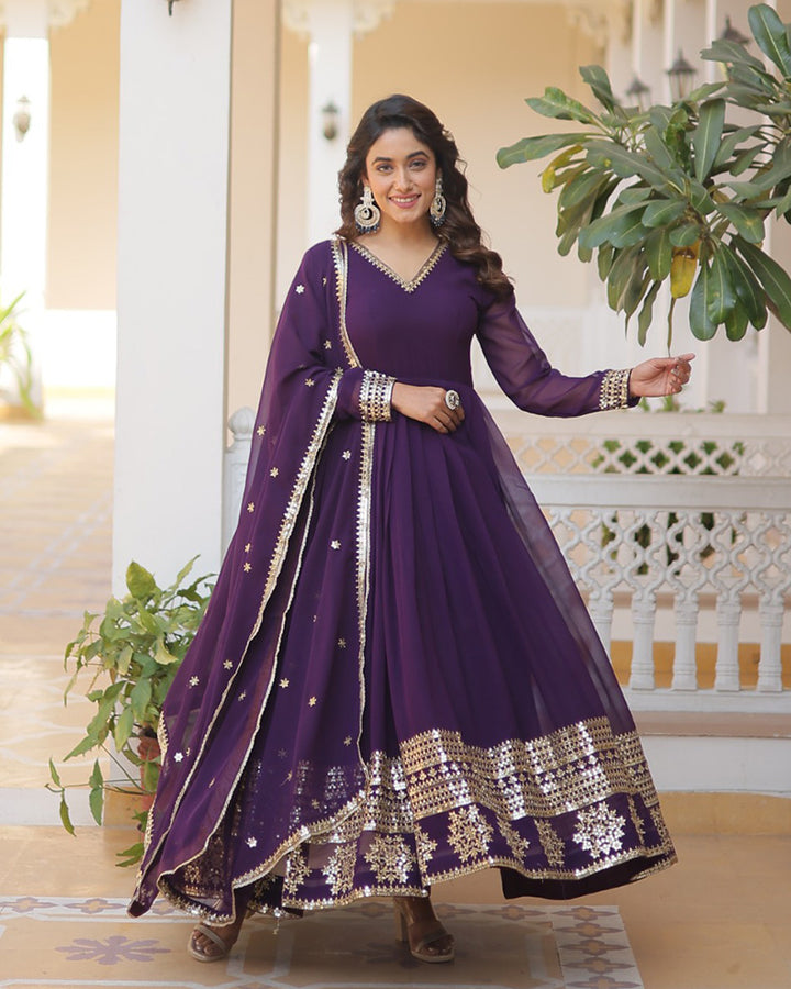 Exclusive Wine Color Attractive Sequence Embroidery work Gown