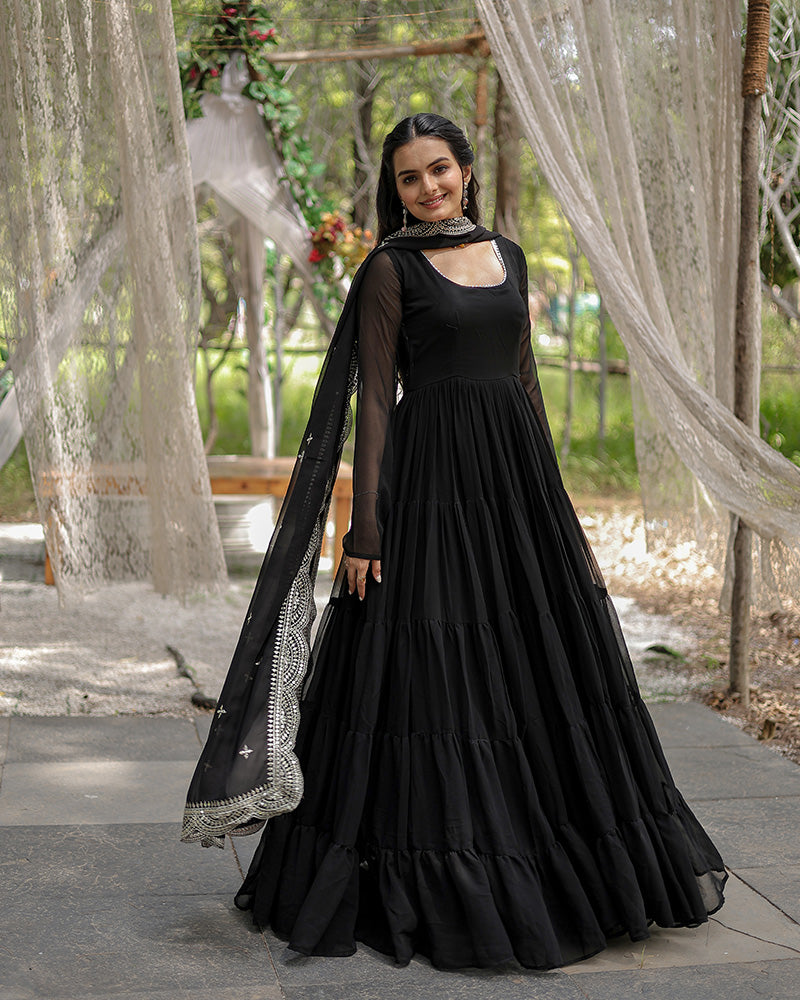 Black Color Designer Embroidered Gown With Dupatta