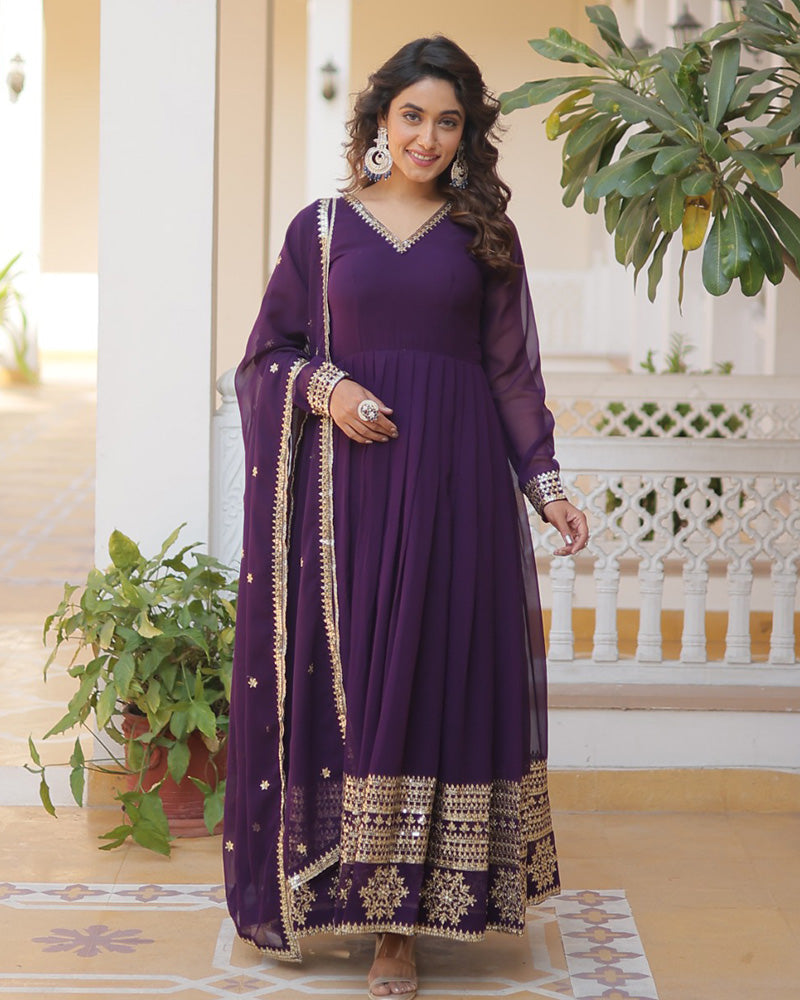 Exclusive Wine Color Attractive Sequence Embroidery work Gown