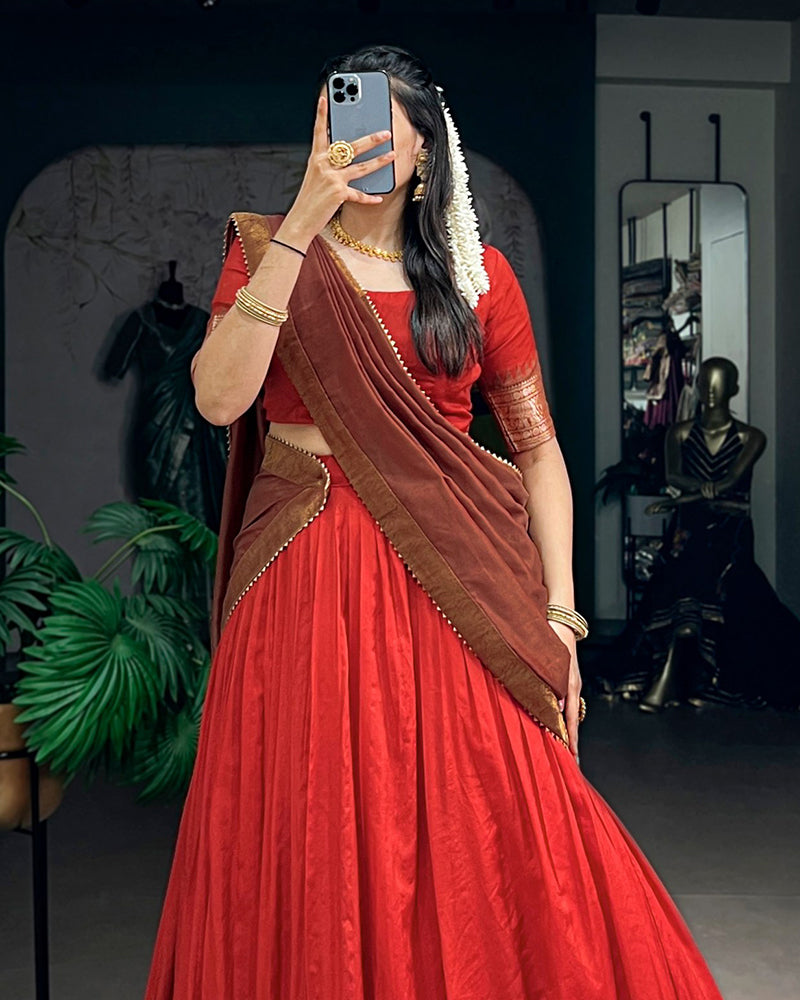 Orange Color Poly Cotton Zari Weaving Half Saree