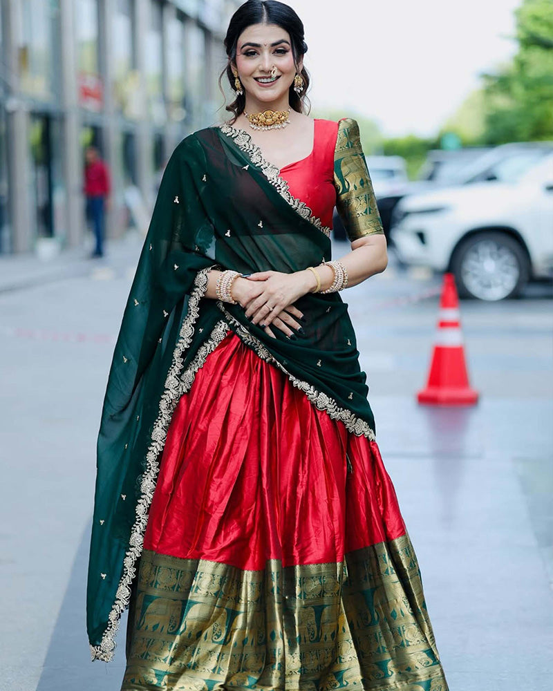 Sweta Chauhan In Red Color Narayan Pattu Silk Designer Half Saree