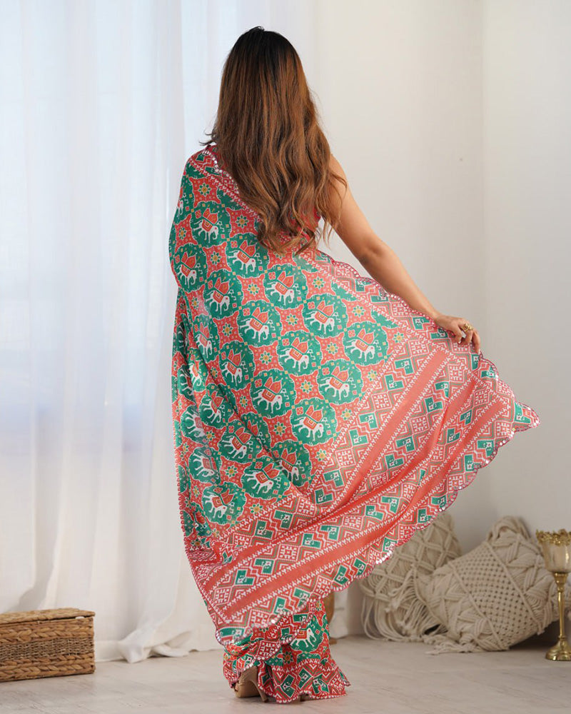 Bottle Green Color Chinnon Silk Saree
