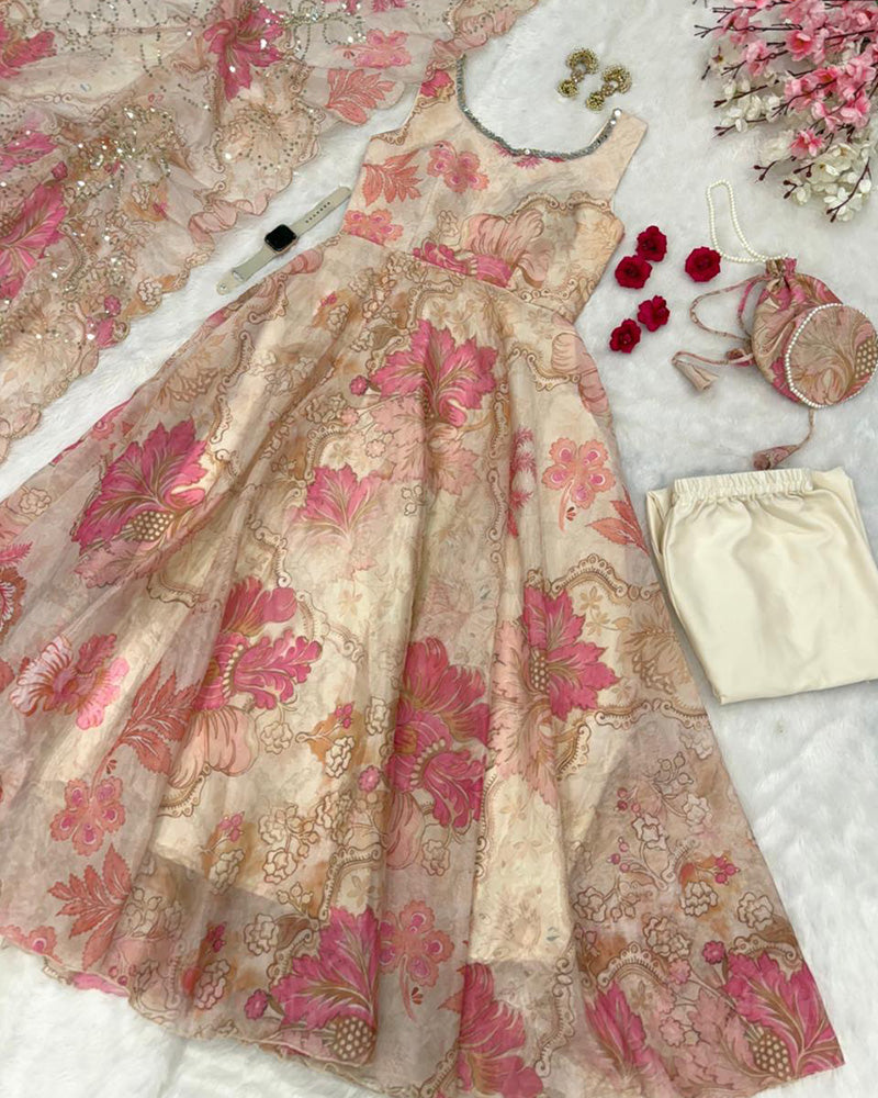 Off-White Color Digital Printed Soft Organza Anarkali Suit