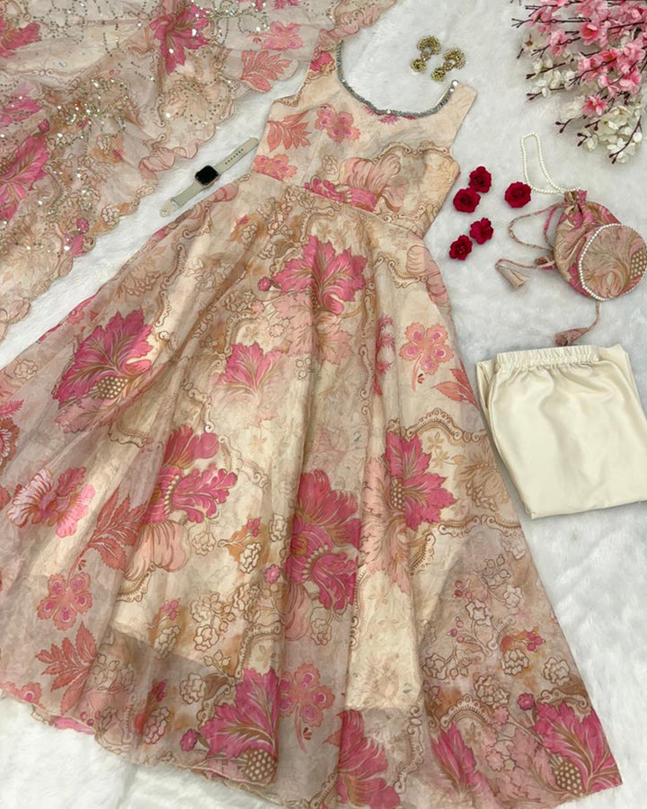 Off-White Color Digital Printed Soft Organza Anarkali Suit