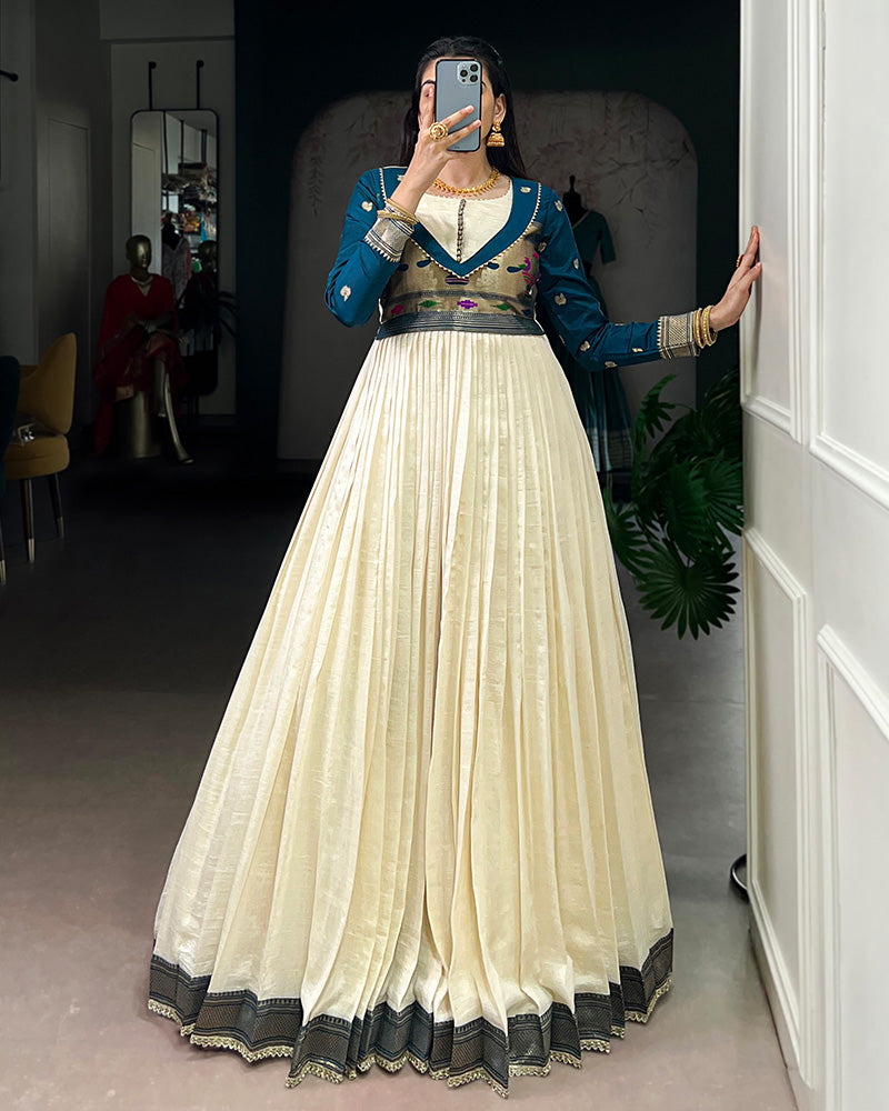 Off-White Color Vichitra Silk Zari Weaving Gown