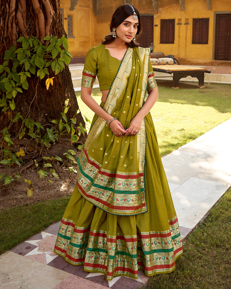 Mehndi Color Pure Nylon Chanderi Plain Half Saree