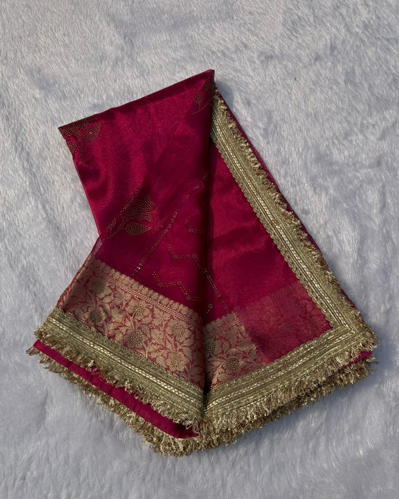 Premium Rani Pink Color Organza Tissue Silk Saree