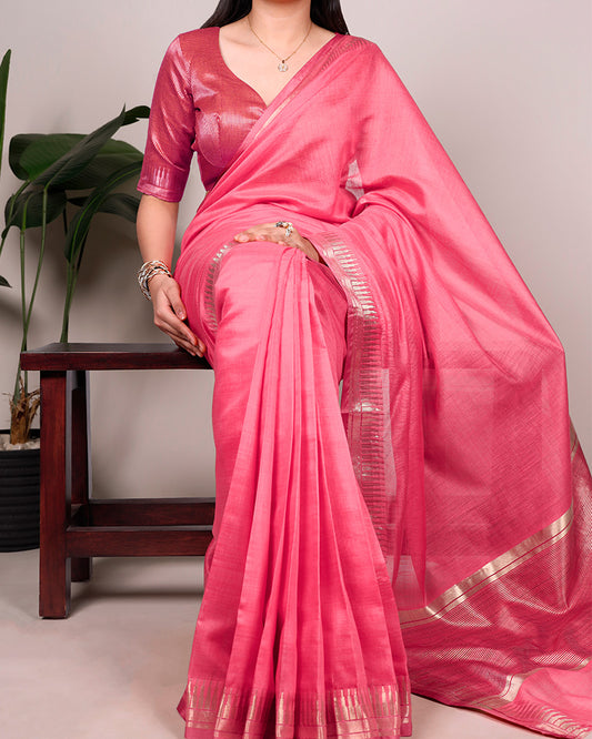 Baby Pink Color Cotton Silk Zari Weaving Saree
