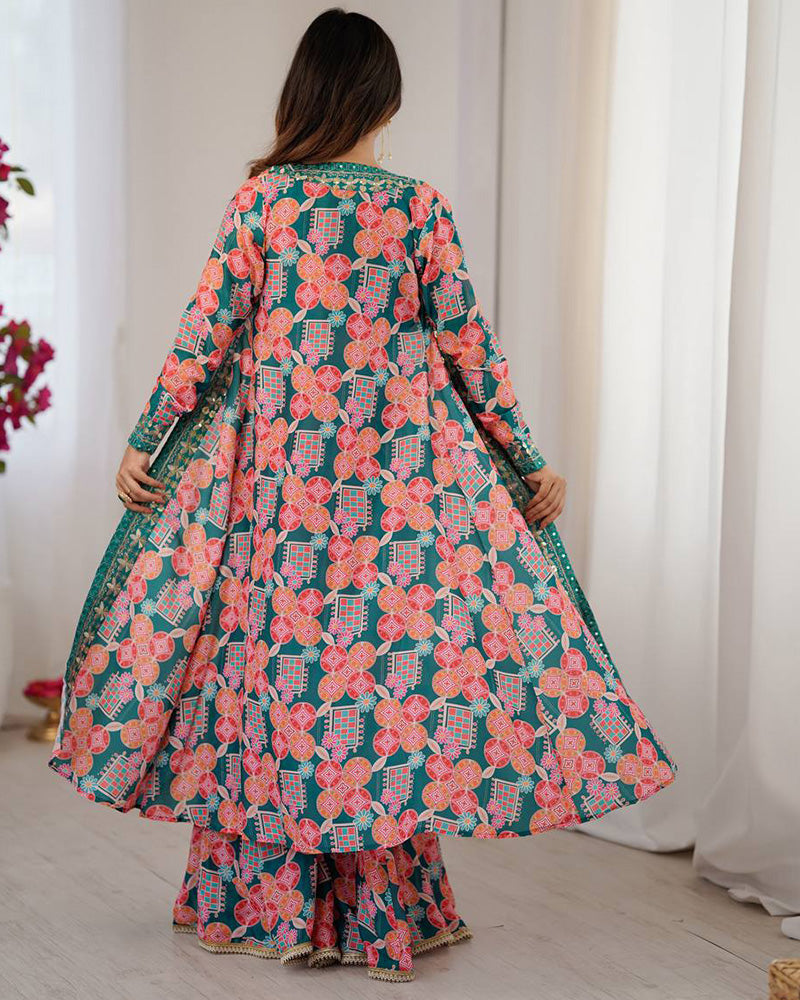 Bottle Green Color Muslin Cotton Printed Plazzo Suit