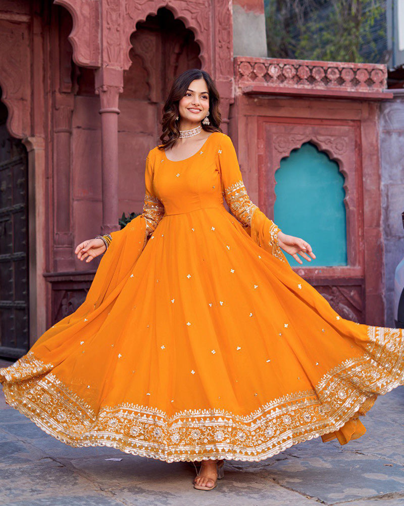Ethnic Yellow Color Georgette Sequence Embroidered Gown