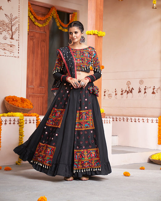 Black Color Viscose Rayon Thread And Mirror Work Fully Stitched Navratri Lehenga Choli