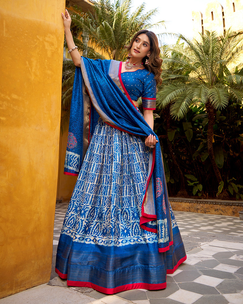 Blue Color Dola Silk Batik Printed Lehenga Choli