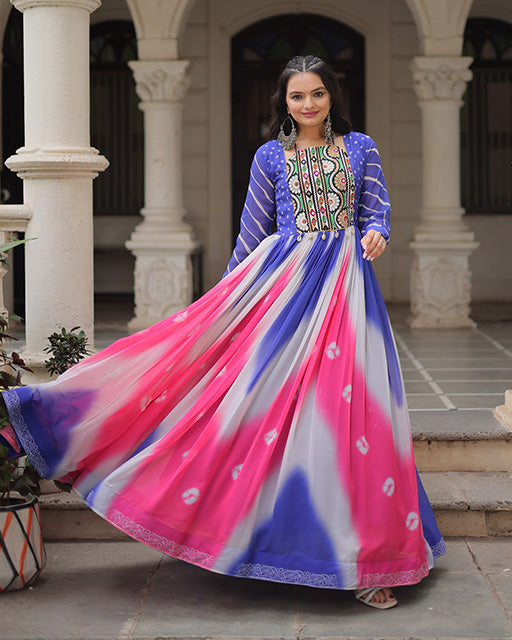 Blue Color Faux Georgette Bandhej Print Navratri Gown