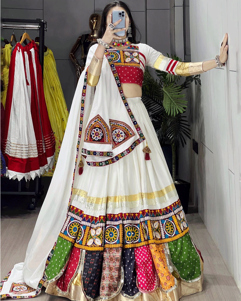White Multi Color Traditional Navratri Lehenga Choli Set