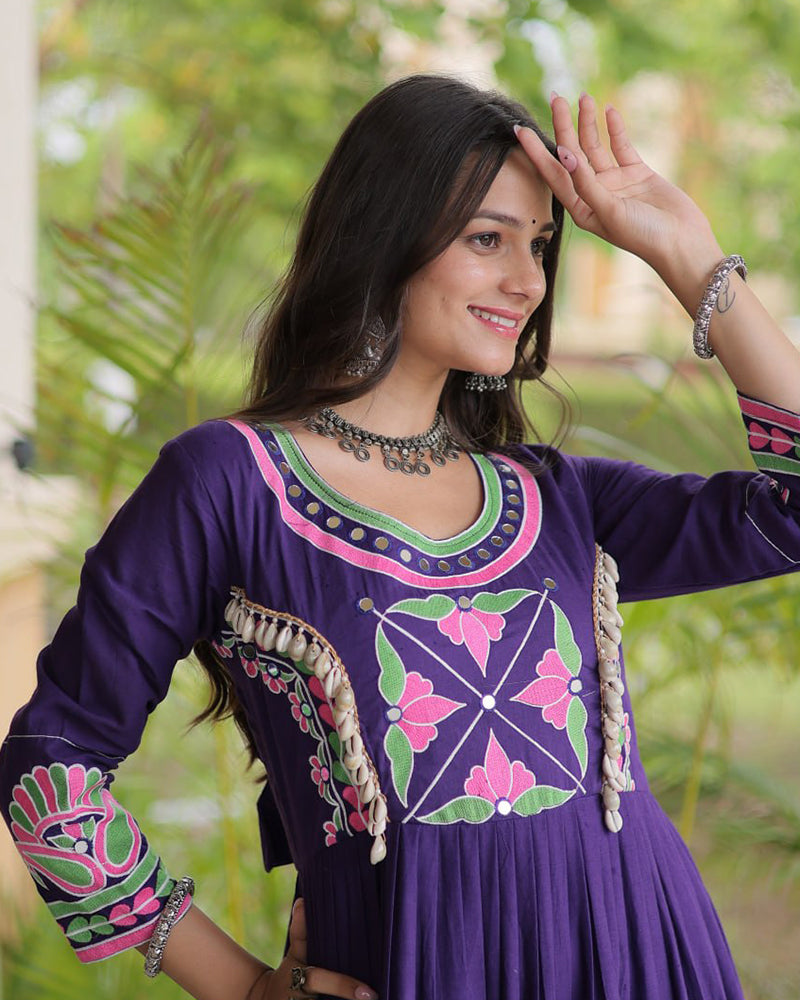Two Color Kora Cotton with Multi Thread Embroidered Navratri Gown