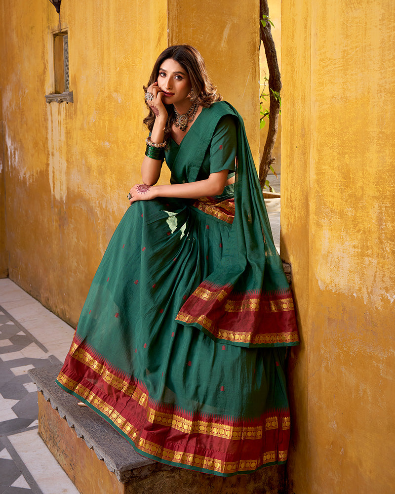 Elegant Teal Green Pure Chanderi Half Saree With Zari Weaving