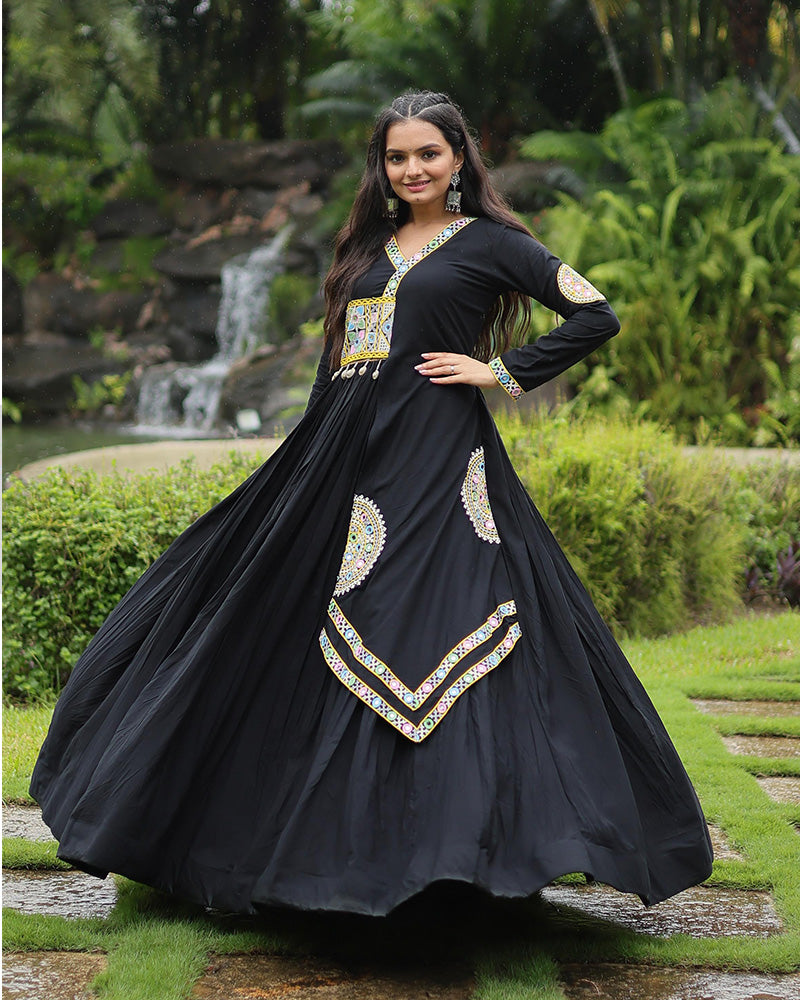 Black Color Rayon Kutchi Style Navratri Gown