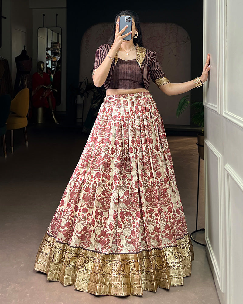 Brown Color Tasar Silk Viscose Printed Lehenga Choli