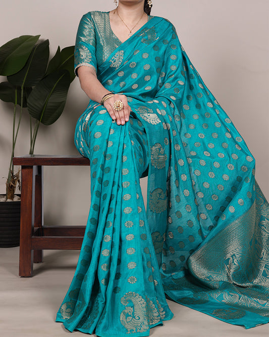 Firozi Color Roop Silk Zari Weaving Saree