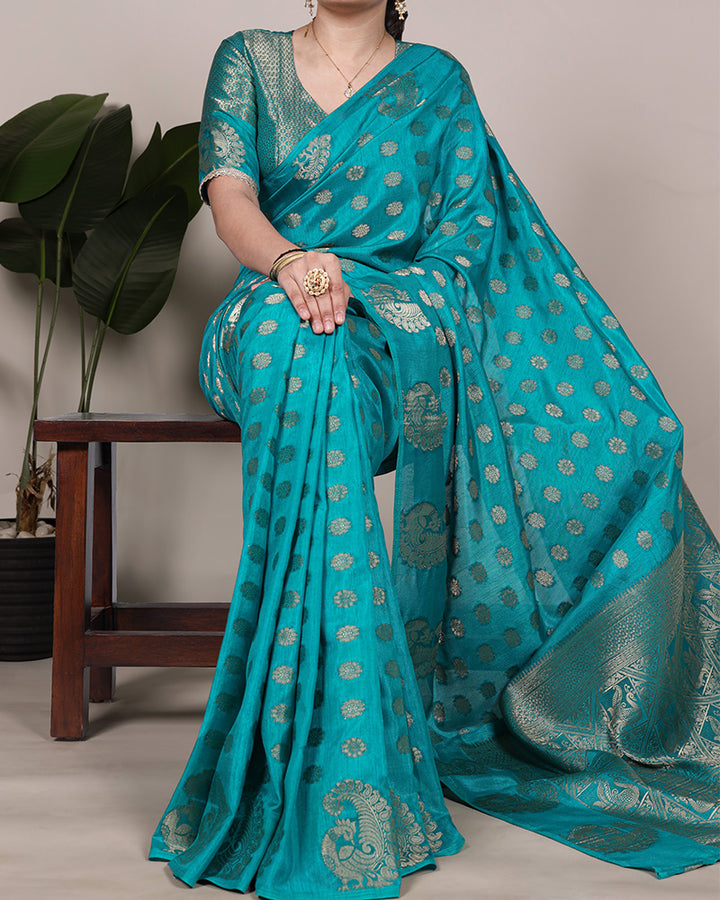 Firozi Color Roop Silk Zari Weaving Saree