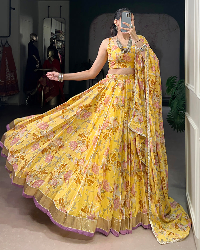 Yellow Color Chiffon Printed Lehenga Choli