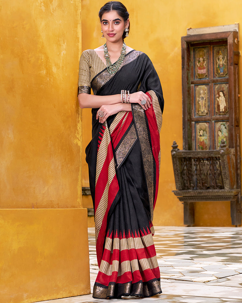 Black Color Poly Cotton Printed Saree