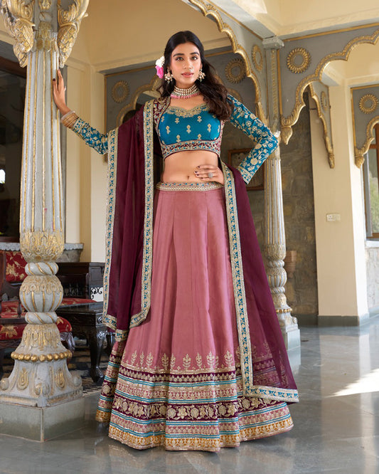 Peach Color Moonga Silk Embroidered Lehenga Choli