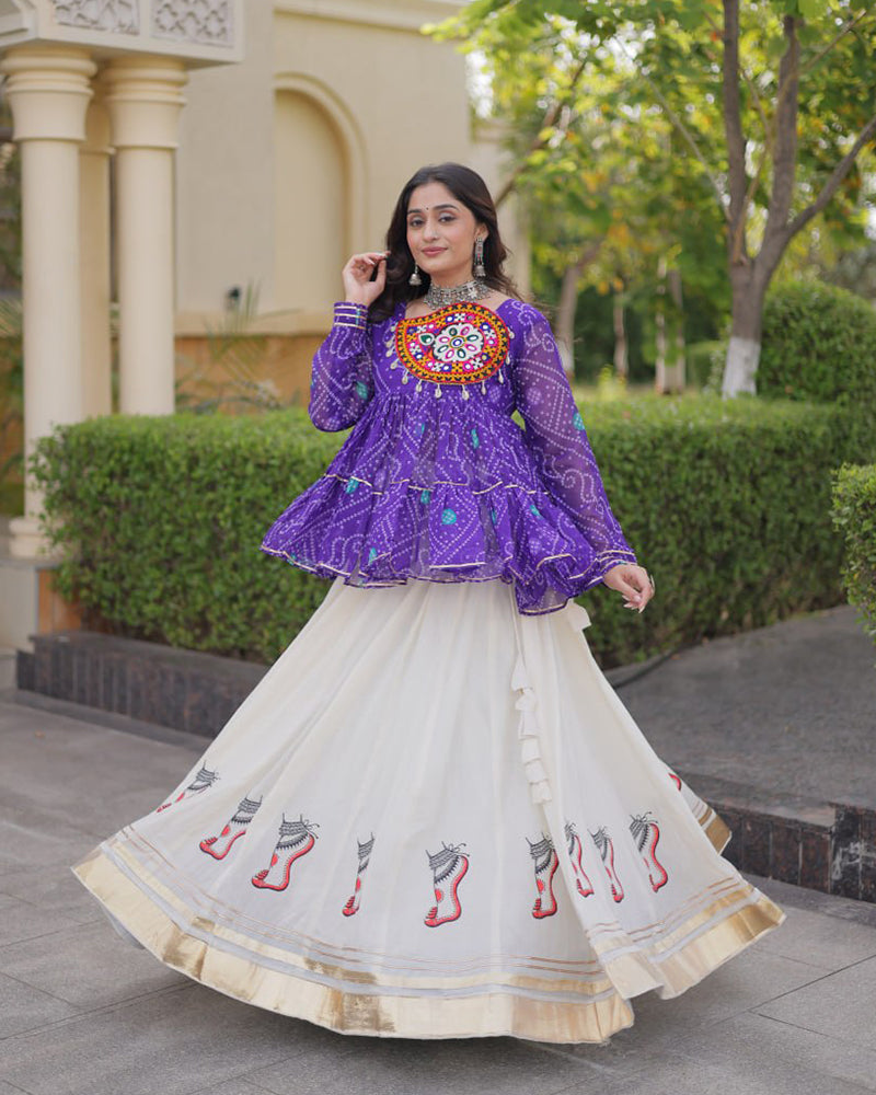 Purple Color Bandhani Printed With Kora Cotton Lehenga