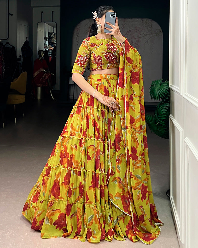 Olive Yellow Color Marble Floral Printed Lehenga Choli